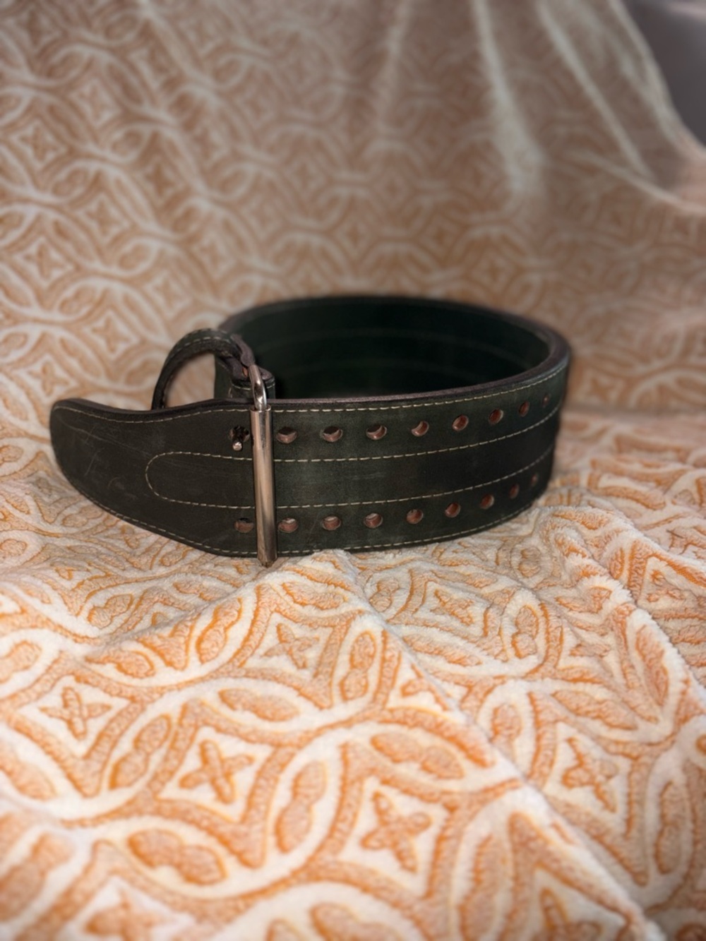 Mens or Women’s forest green Leather Weightlifting Belt with Double Row Rivets